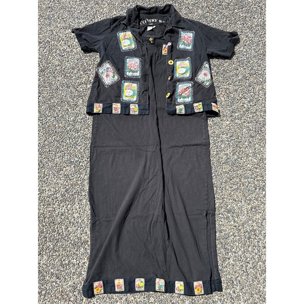 Vtg y2k 2pc set Country Wear 2000 Dress/top black floral buttons patchwork M/L